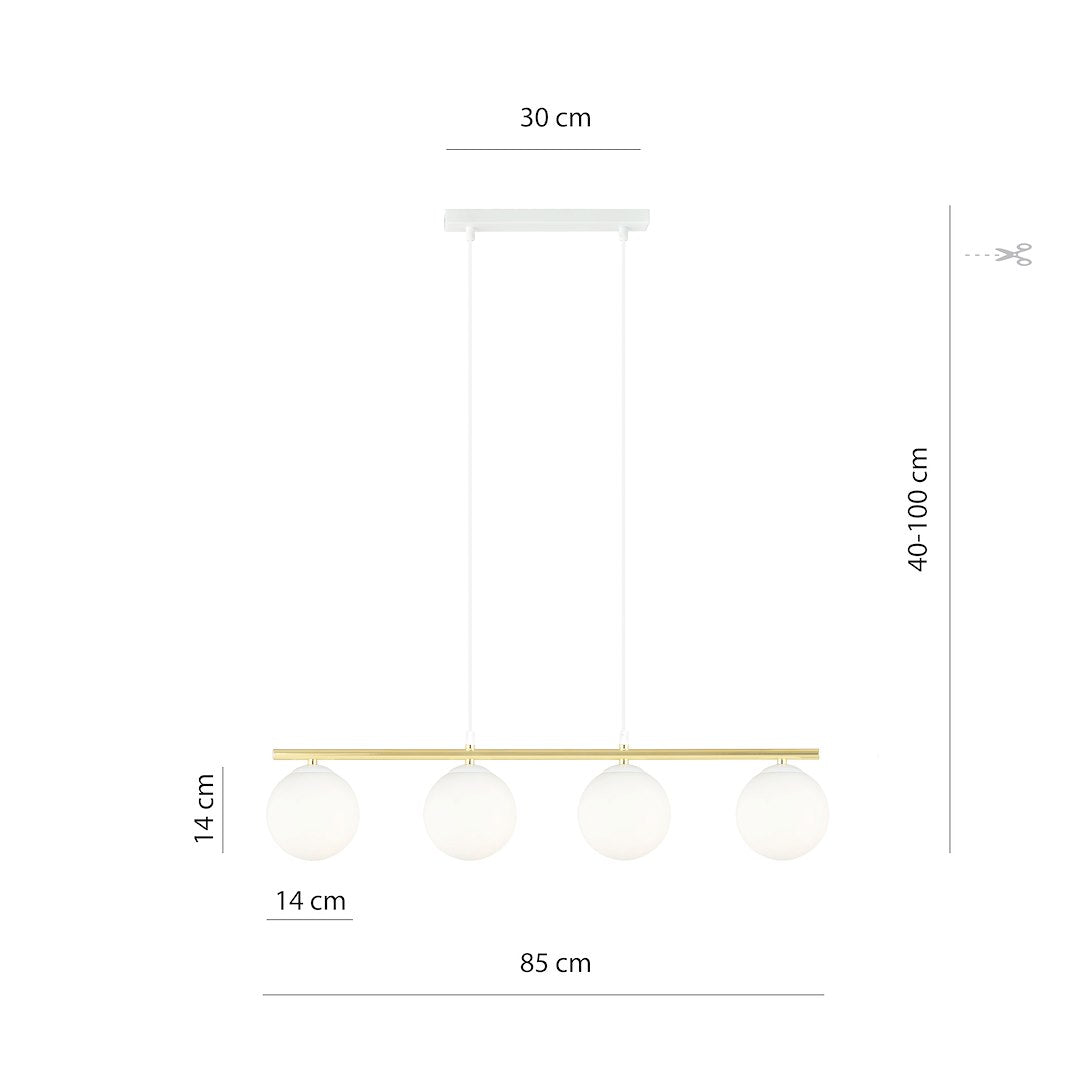 Hanglamp 4 lichts gepoedercoat staal en opaalglas, Allora, wit en goud – 85 x 100 cm, eettafel en woonkamer