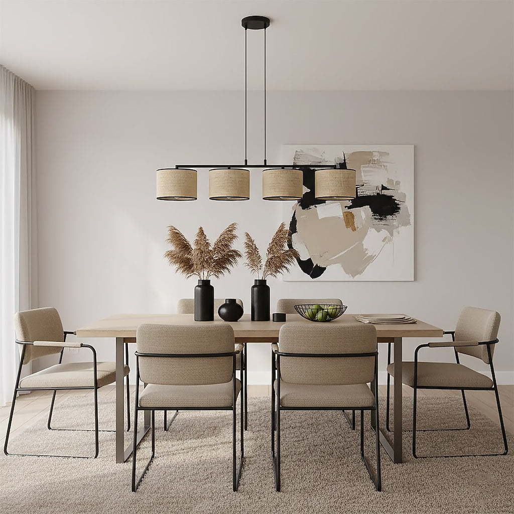 Hanglamp 4 lichts gepoedercoat staal en rotan, minimalistisch Eco, zwart, 96 cm breed, voor kookeiland en eettafel