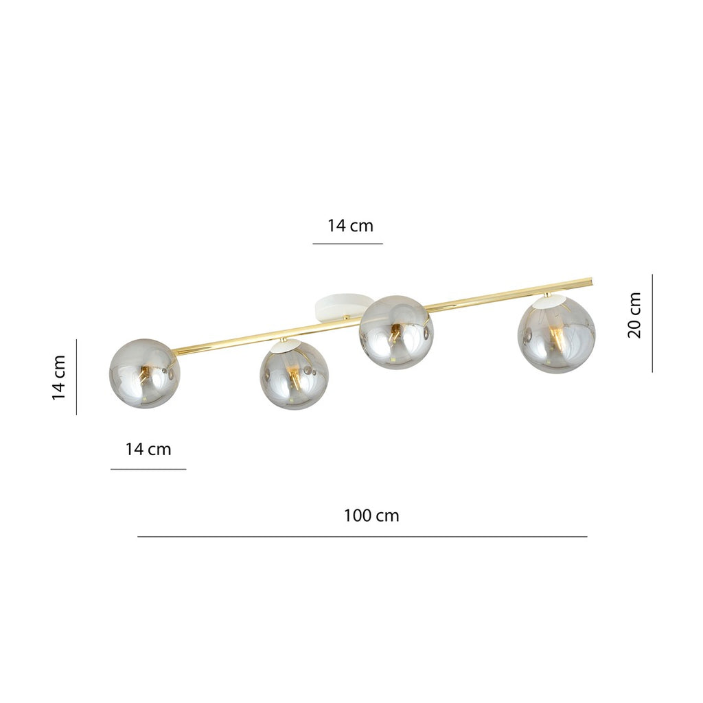 Plafondlamp staal en glas Splendi, goud met wit en grafiet, 4 fittingen E14 – 100 cm breed