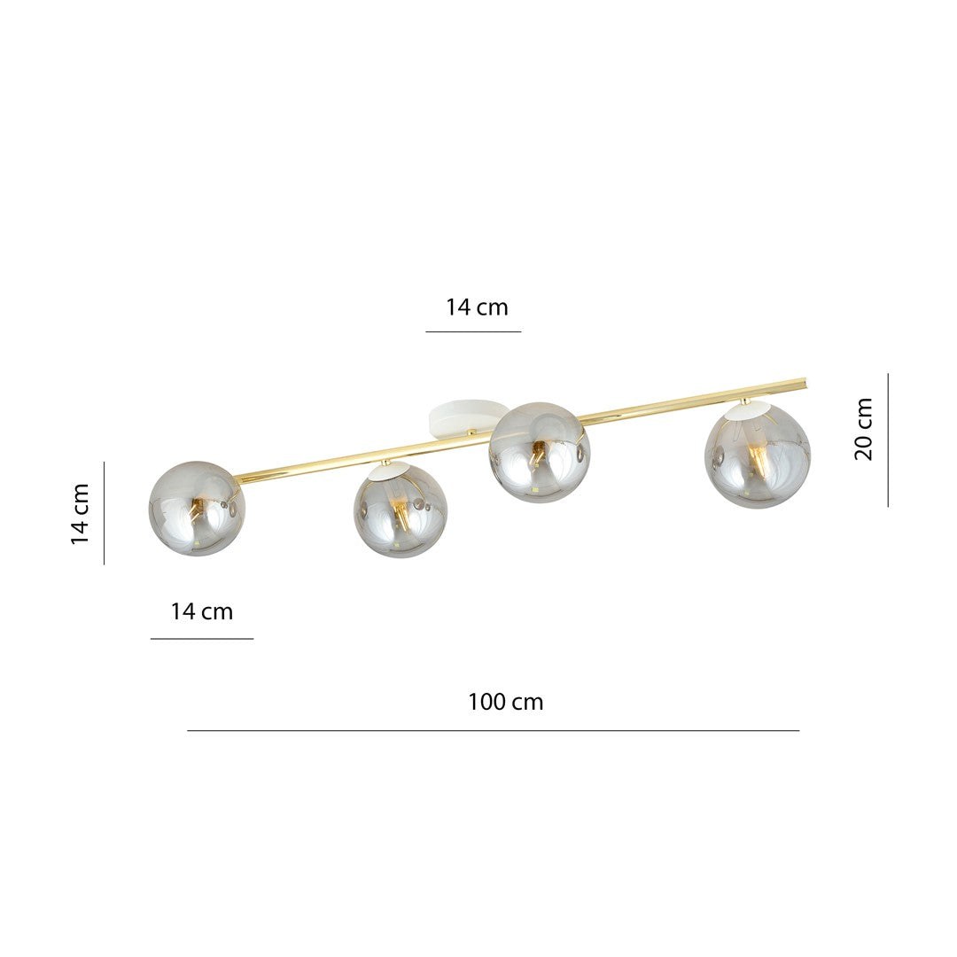 Plafondlamp staal en glas Splendi, goud met wit en grafiet, 4 fittingen E14 – 100 cm breed