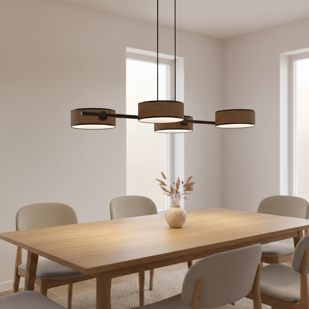 Hanglamp lineair gepoedercoat staal Japandi Drumz 4 bruin zwart, 4 kappen Ø 20 cm, eettafel en keukeneiland