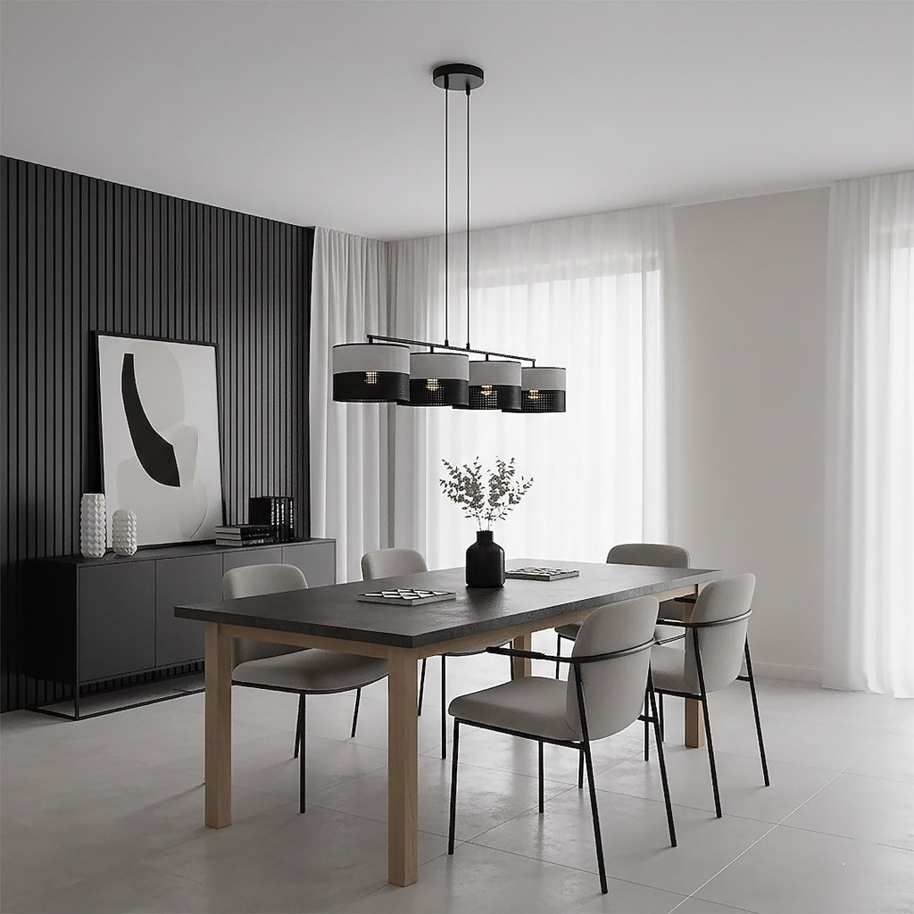 Hanglamp staal met stoffen kap minimalistisch Karbon zwart grijs 96 x 20 cm, 4 lichtpunten voor eettafel of keukeneiland