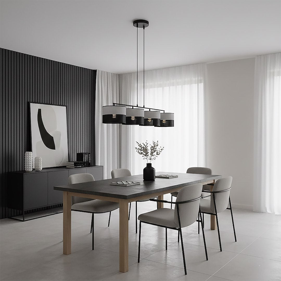 Hanglamp staal met stoffen kap minimalistisch Karbon zwart grijs 96 x 20 cm, 4 lichtpunten voor eettafel of keukeneiland