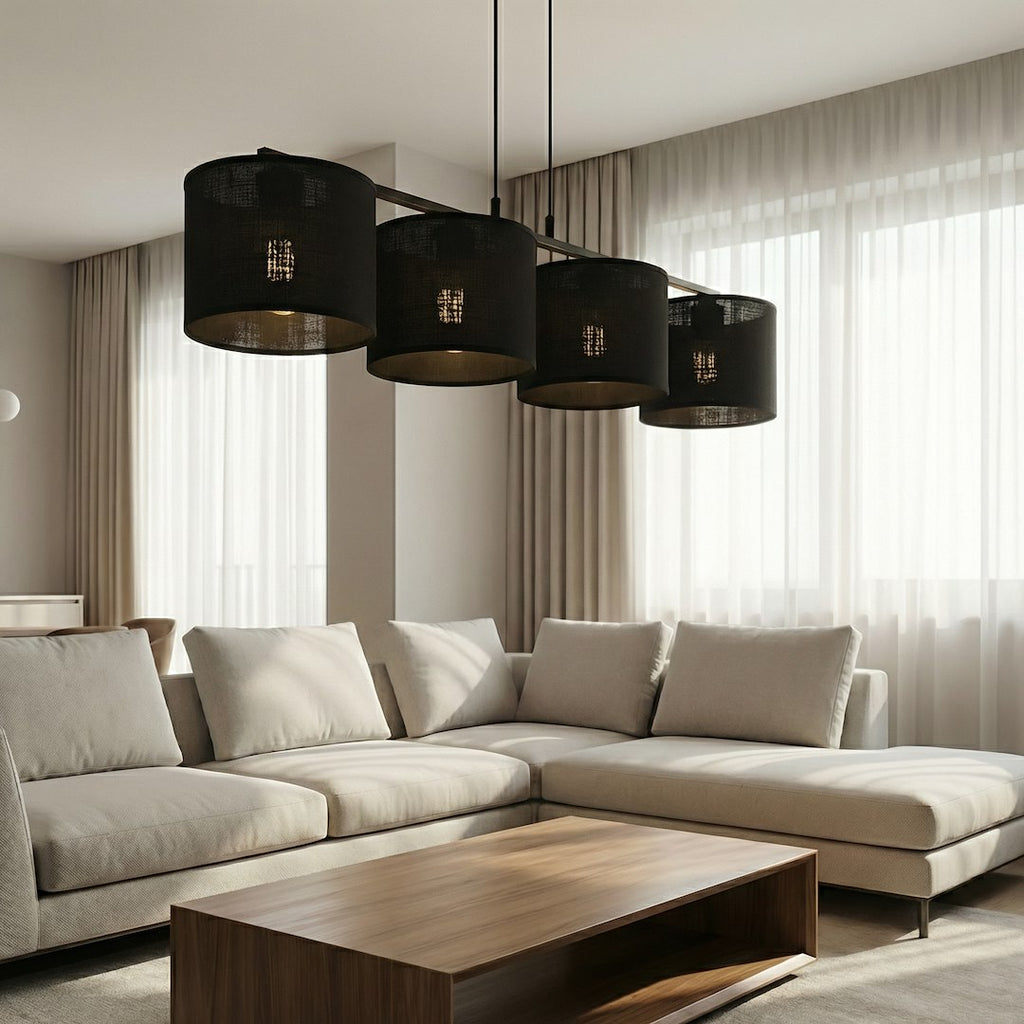 Hanglamp gepoedercoat staal met stoffen kap, Eco, minimalistisch, zwart, 4 lichts, 96 cm breed, voor eettafel of keukeneiland