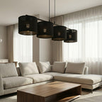 Hanglamp gepoedercoat staal met stoffen kap, Eco, minimalistisch, zwart, 4 lichts, 96 cm breed, voor eettafel of keukeneiland