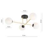 Plafondlamp Magnum gepoedercoat staal en glas, glamour, zwart en goud met witte kappen, 4 lichts, E14