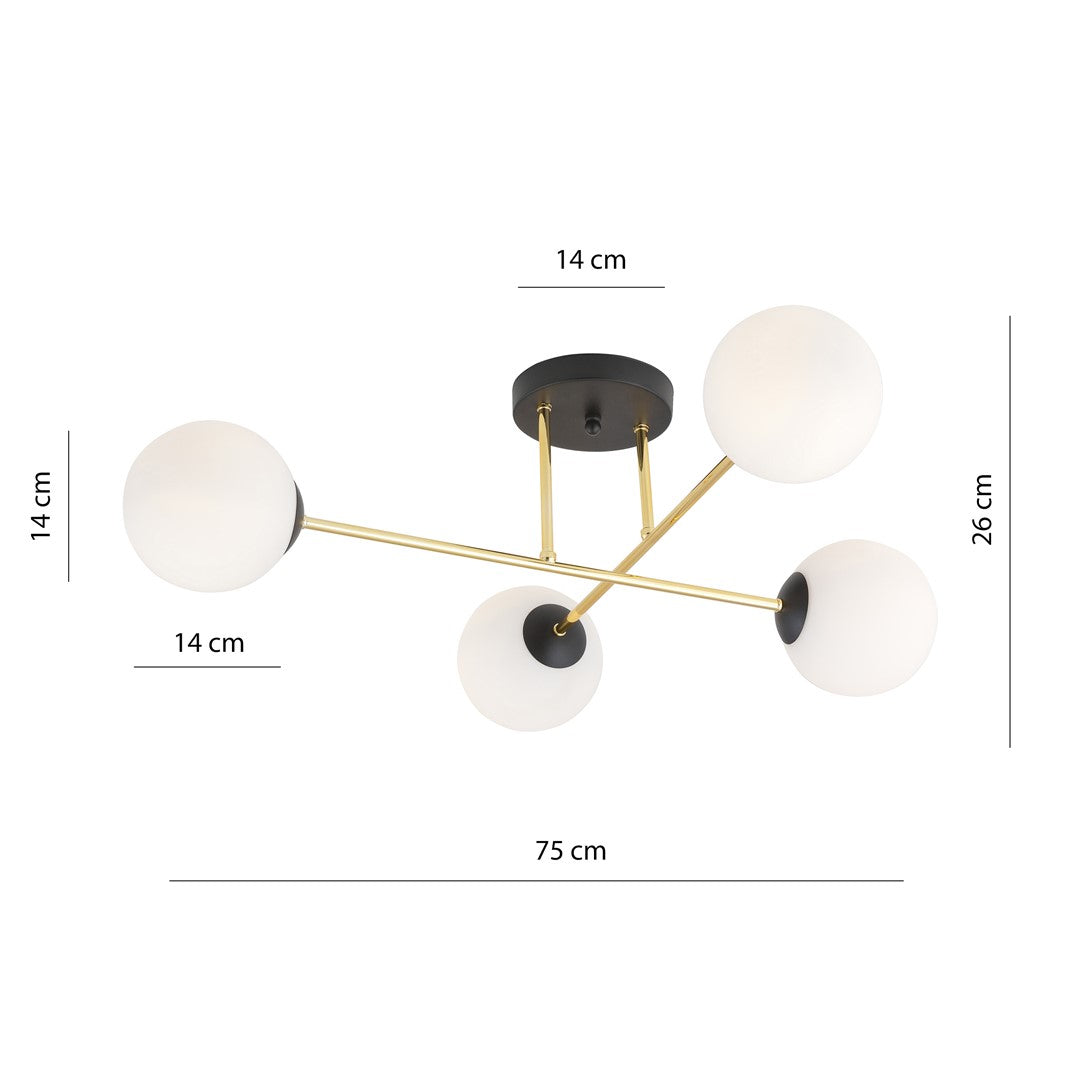 Plafondlamp Magnum gepoedercoat staal en glas, glamour, zwart en goud met witte kappen, 4 lichts, E14
