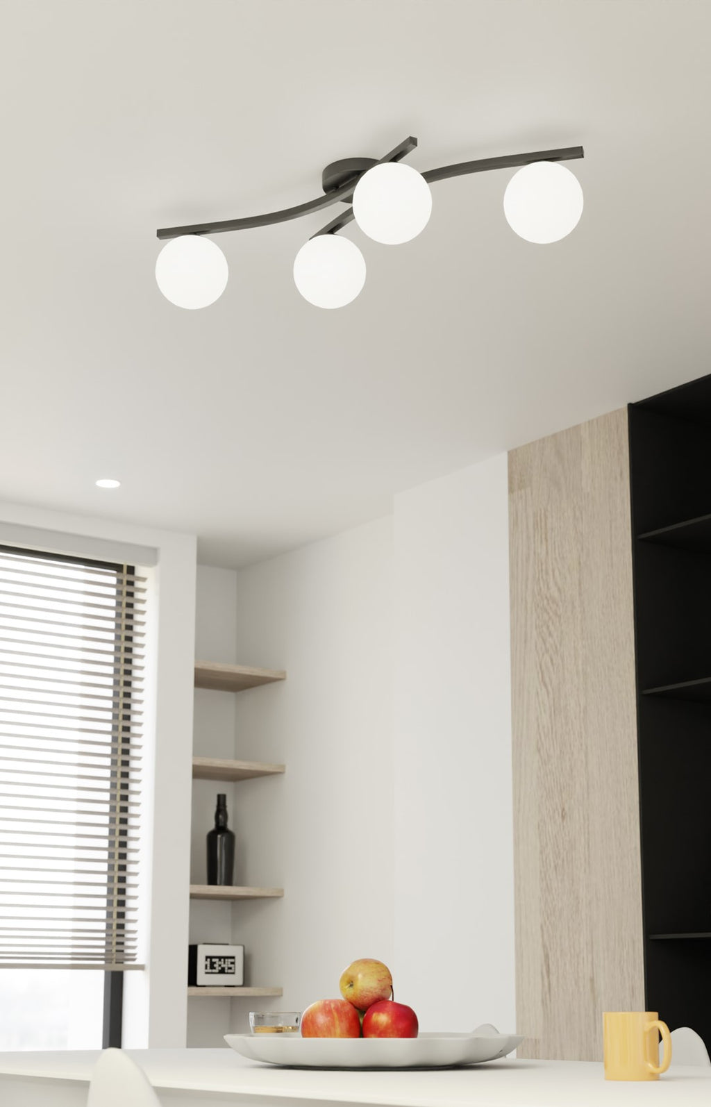 Plafondlamp zwart gepoedercoat staal met 4 witte glazen kappen, modern, E14 – woonkamer, eetkamer en slaapkamer