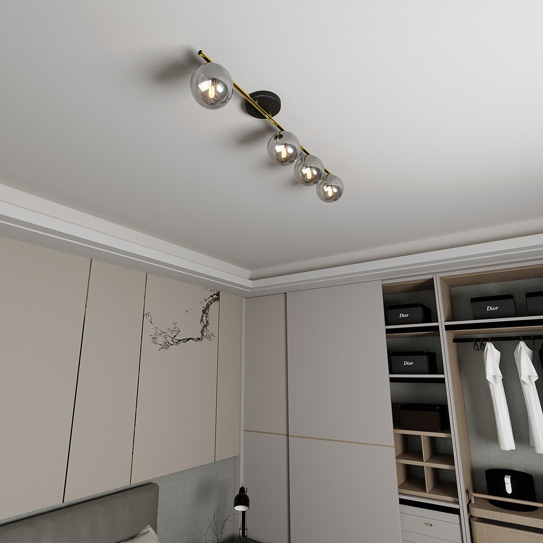 Plafondlamp gepoedercoat staal en glas Monza, zwart en goud met grafiet kappen, 4 lichts, 100 cm breed