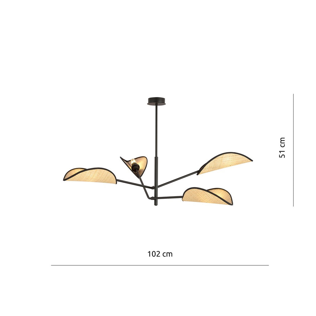Plafondlamp rotan en gepoedercoat staal Vene, zwart met naturel kappen, 4 lichtpunten, 102 x 51 cm, woonkamer en slaapkamer