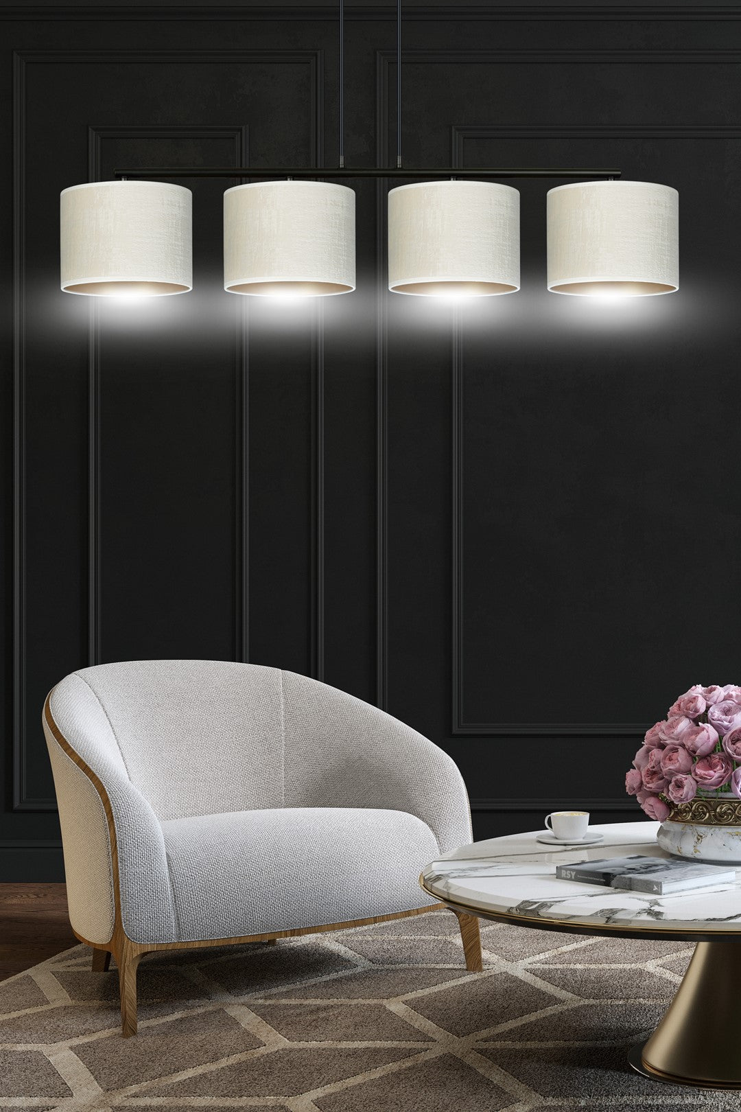 Hanglamp gepoedercoat staal Hilde 4 kappen, wit met goudkleurige binnenzijde, zwart frame, 97 x 100 cm, eetkamer