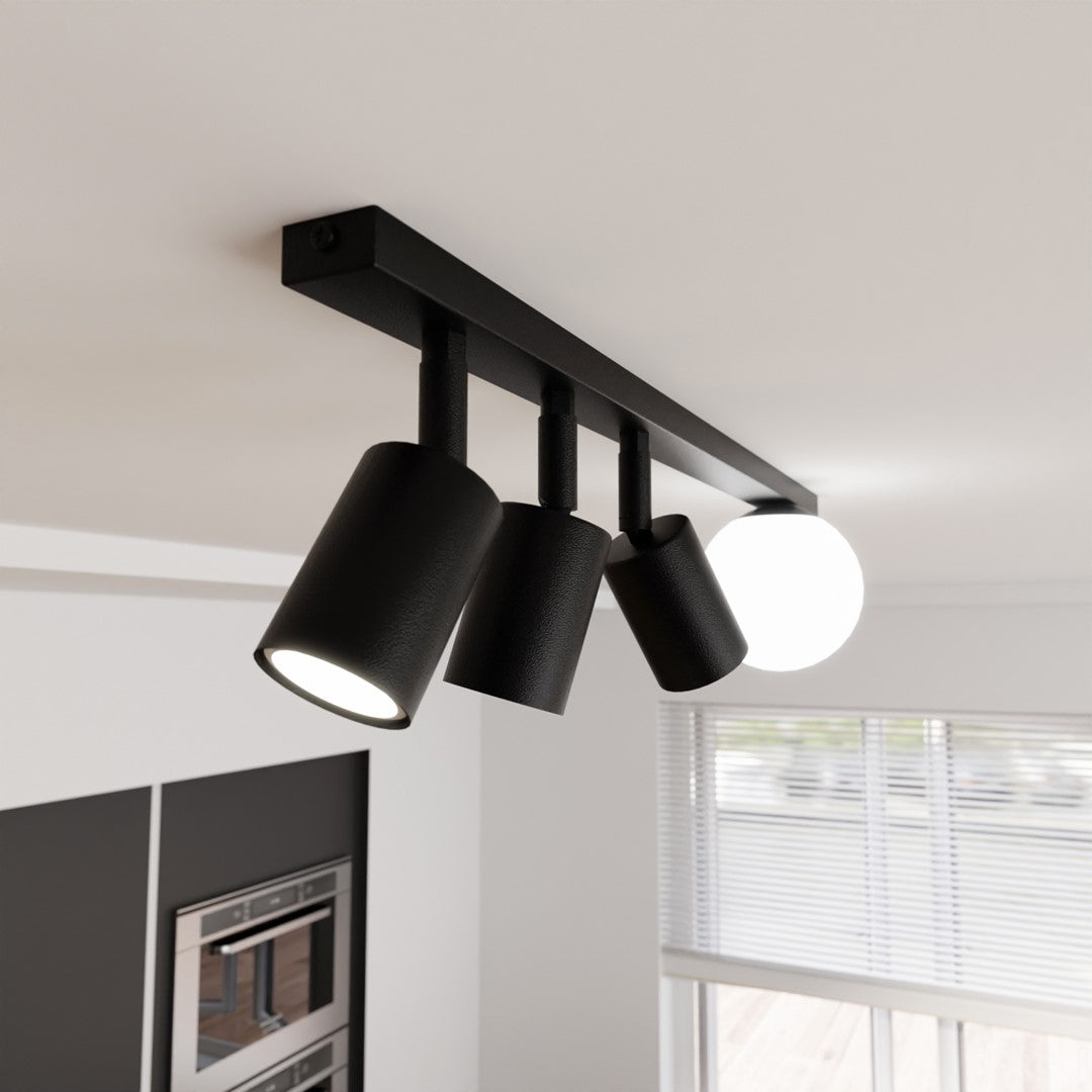 Plafondlamp Baster gepoedercoat staal en glas, modern, zwart met witte glazen kap, 70 cm, 4 lichtpunten
