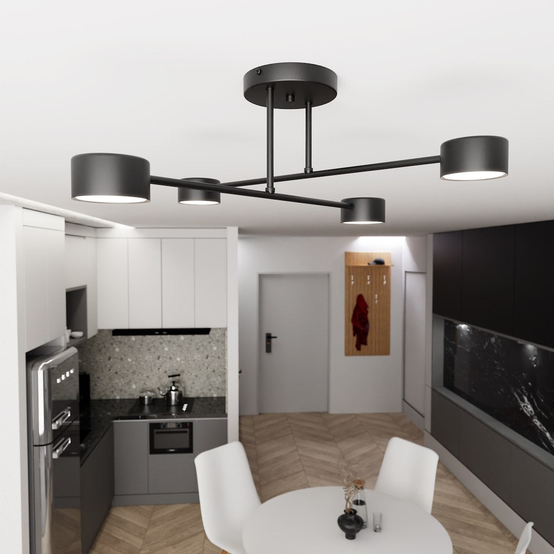Plafondlamp gepoedercoat staal Halo 4 Scandinavisch zwart, met 4 lichtpunten – 60 x 20 cm