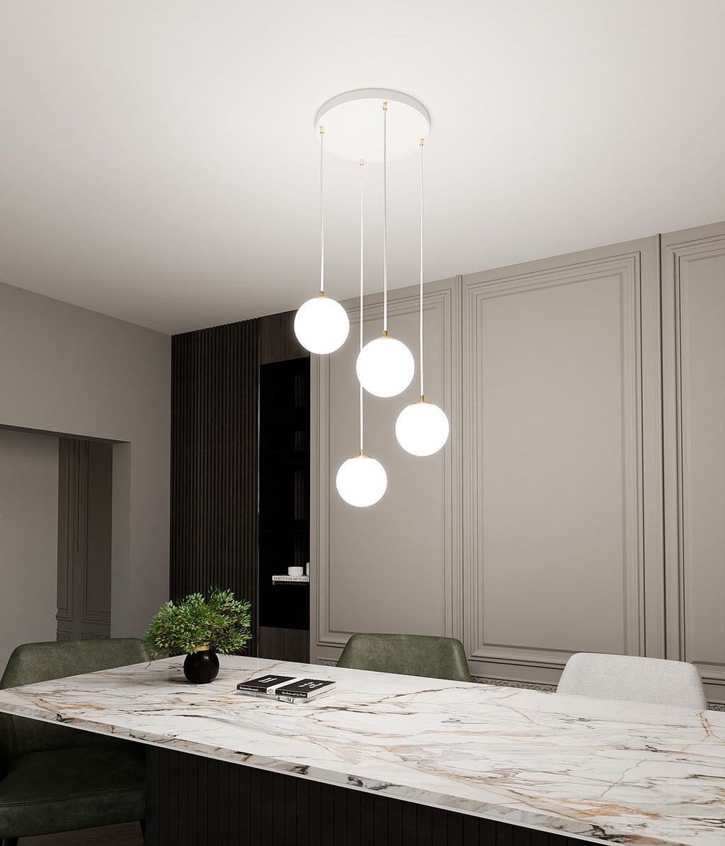 Hanglamp gepoedercoat staal en glas, retro, wit met goud, 4 lichts, 40 x 100 cm, voor keuken en eetkamer