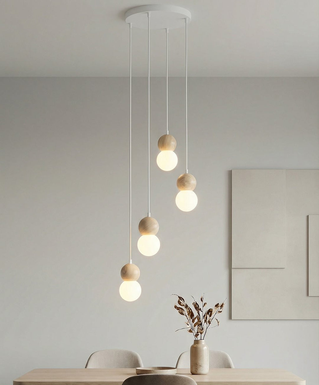 Hanglamp gepoedercoat staal en hout, Scandinavisch Loop, wit, 4 fittingen G9, kap Ø 10 cm, voor eettafel of keukeneiland