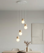 Hanglamp gepoedercoat staal en hout, Scandinavisch Loop, wit, 4 fittingen G9, kap Ø 10 cm, voor eettafel of keukeneiland