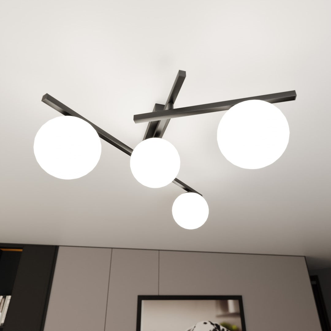 Plafondlamp gepoedercoat staal en glas Smart 4 lichts, zwart met witte kappen, 63 x 25 cm