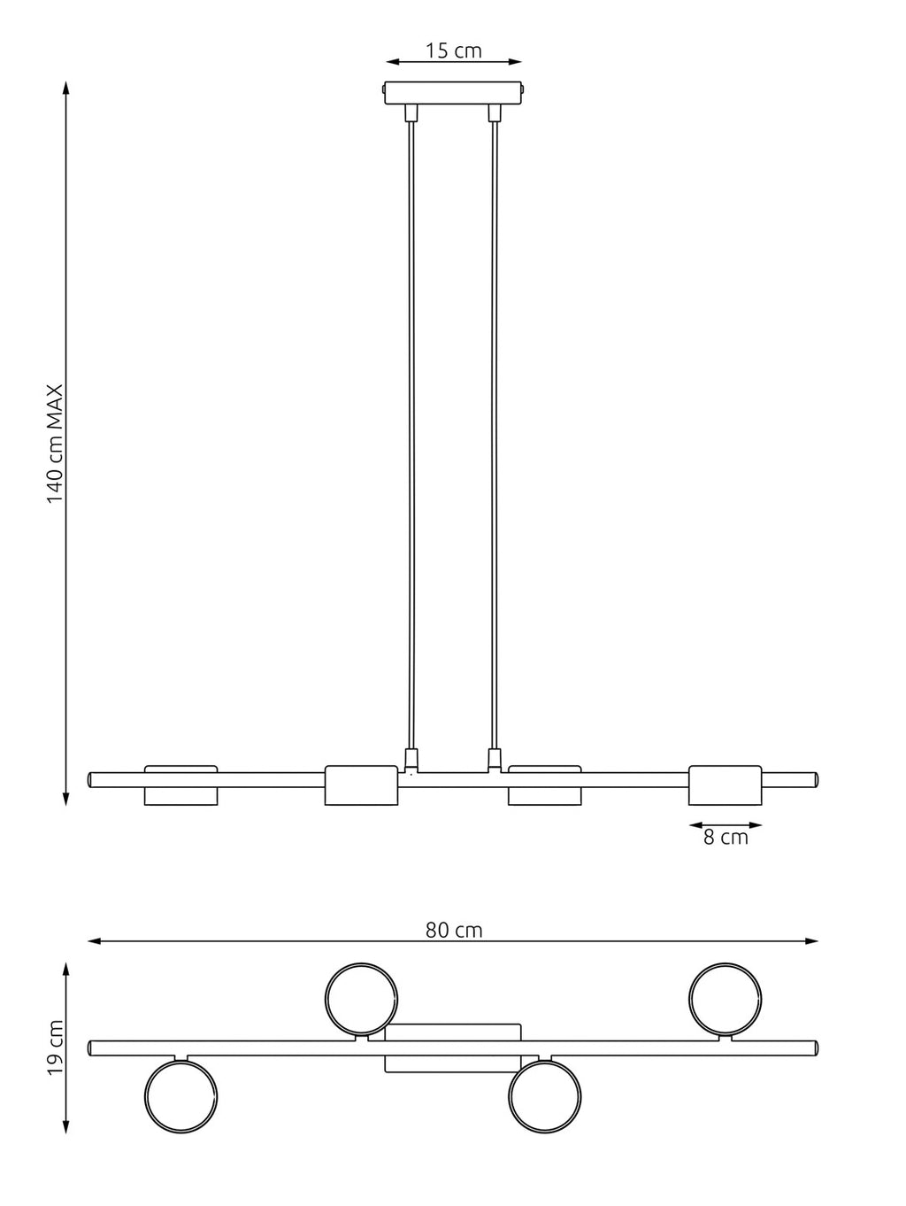 Hanglamp gepoedercoat staal modern Sora, zwart, 80 x 19 x 140 cm, 4 lichtpunten voor eetkamer, keuken en kantoor