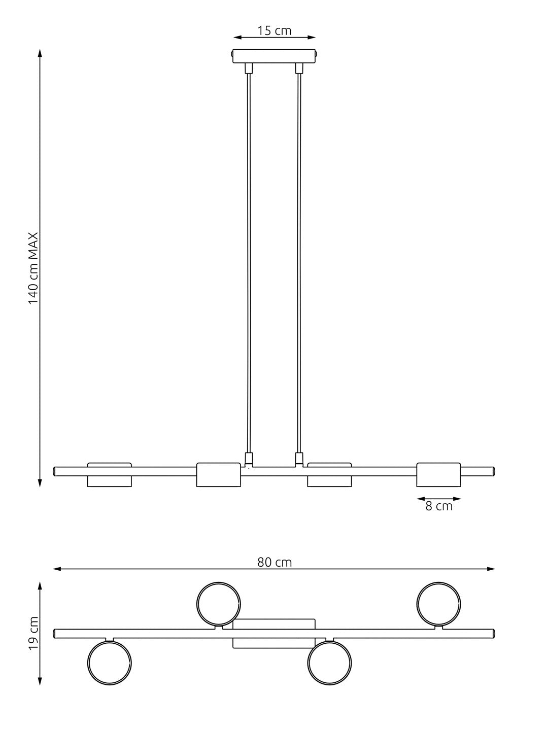Hanglamp gepoedercoat staal modern Sora, zwart, 80 x 19 x 140 cm, 4 lichtpunten voor eetkamer, keuken en kantoor