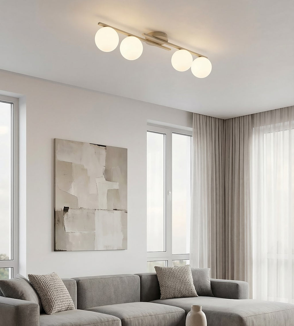 Plafondlamp gepoedercoat staal en glas Caïro beige met witte glazen bollen, 4 lichts E14 – 74 x 20 cm