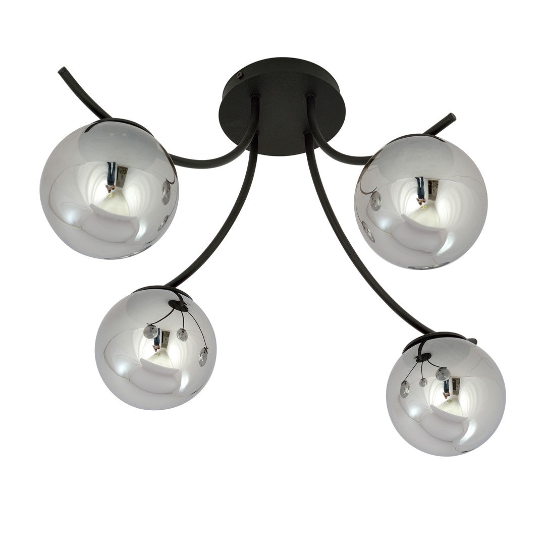 Plafondlamp gepoedercoat staal en glas Boston, zwart met grafiet glazen kappen, 4 lichts, 70 x 37 cm, E14
