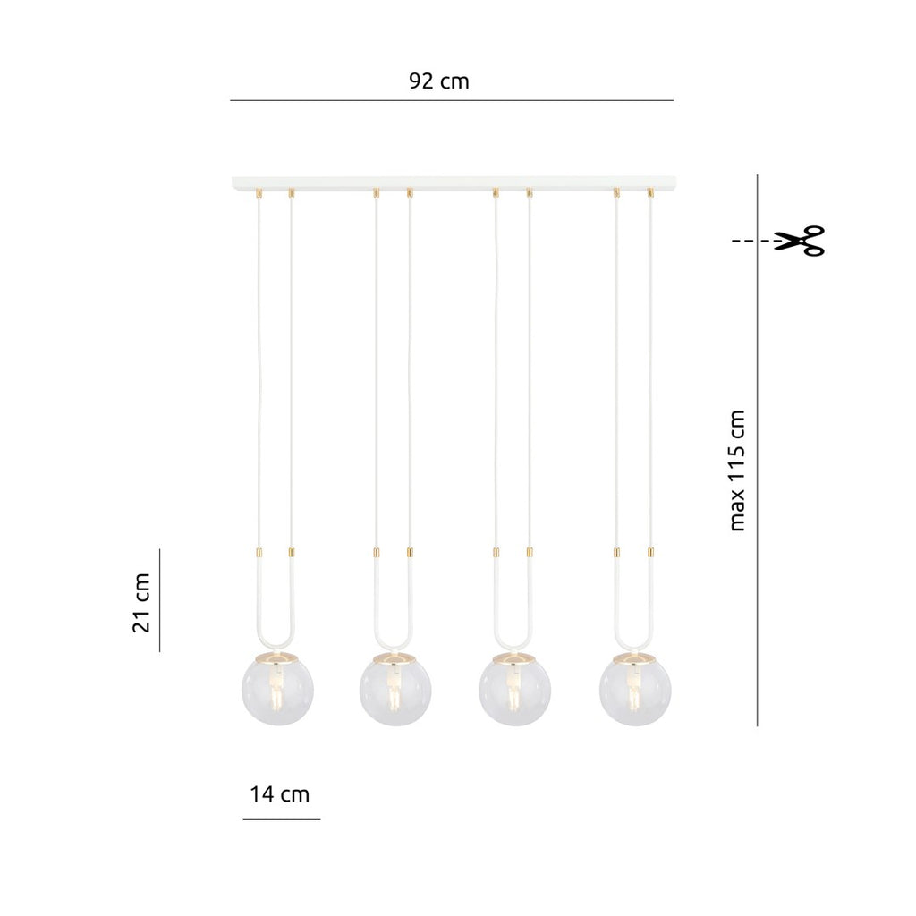 Hanglamp 4 lichts gepoedercoat staal en glas, retro Glam, wit met transparante kappen, 92 x 115 cm