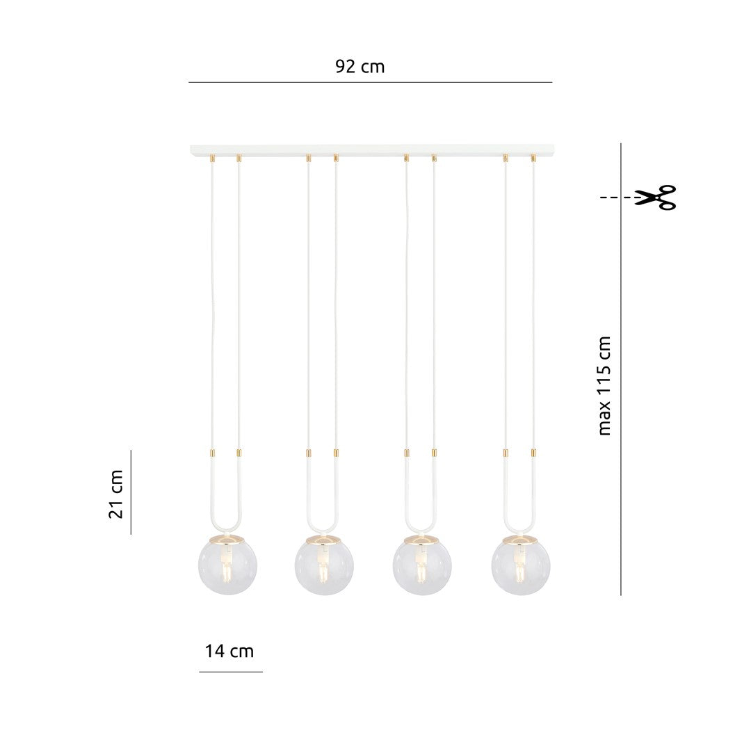 Hanglamp 4 lichts gepoedercoat staal en glas, retro Glam, wit met transparante kappen, 92 x 115 cm