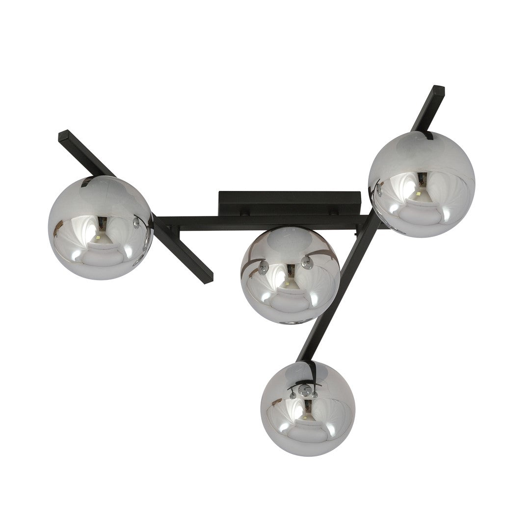 Plafondlamp staal en glas Smart 4 lichts, zwart met grafiet glazen kappen, 63 x 25 cm, E14