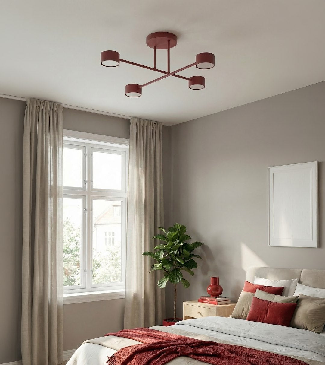 Plafondlamp gepoedercoat staal Halo modern bordeaux 4 lichts, 60 x 60 cm voor woonkamer en slaapkamer