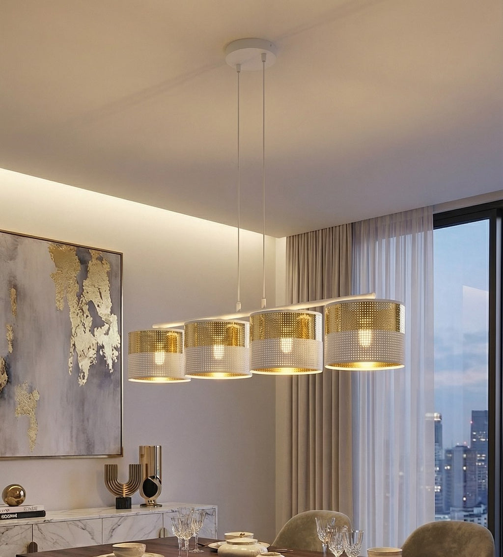 Hanglamp gepoedercoat staal Lux modern wit en goud, 4 fittingen E27, breedte 96 cm, voor eettafel of kookeiland