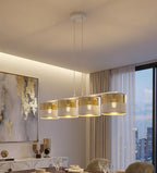 Hanglamp gepoedercoat staal Lux modern wit en goud, 4 fittingen E27, breedte 96 cm, voor eettafel of kookeiland