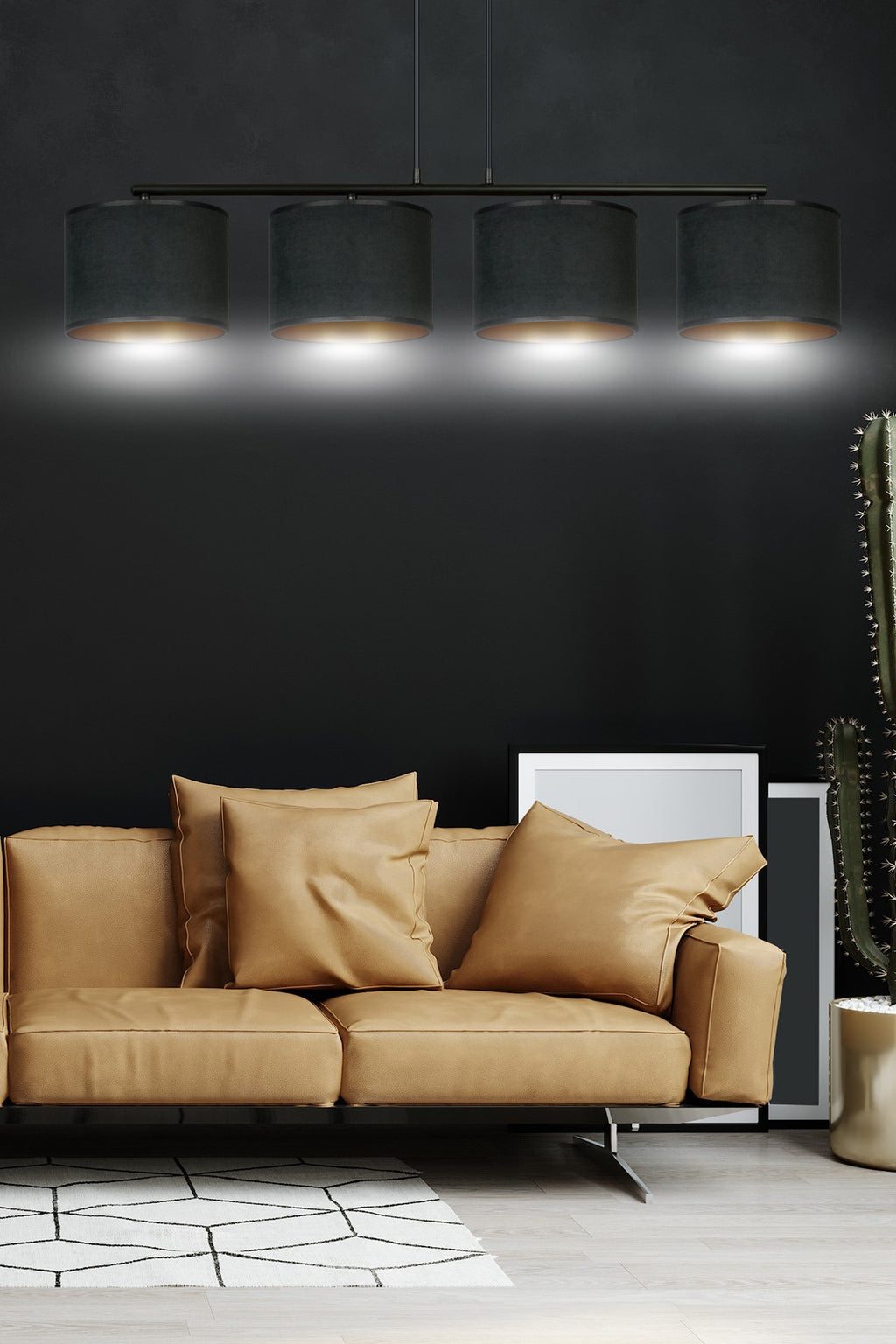 Hanglamp gepoedercoat staal en stof Hilde zwart met gouden binnenkant, 4 kappen Ø 20 cm, eettafel