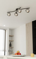 Plafondlamp gepoedercoat staal en glas Opus, zwart met grafiet glazen kappen, 4 lichts, 60 cm breed, woonkamer en slaapkamer