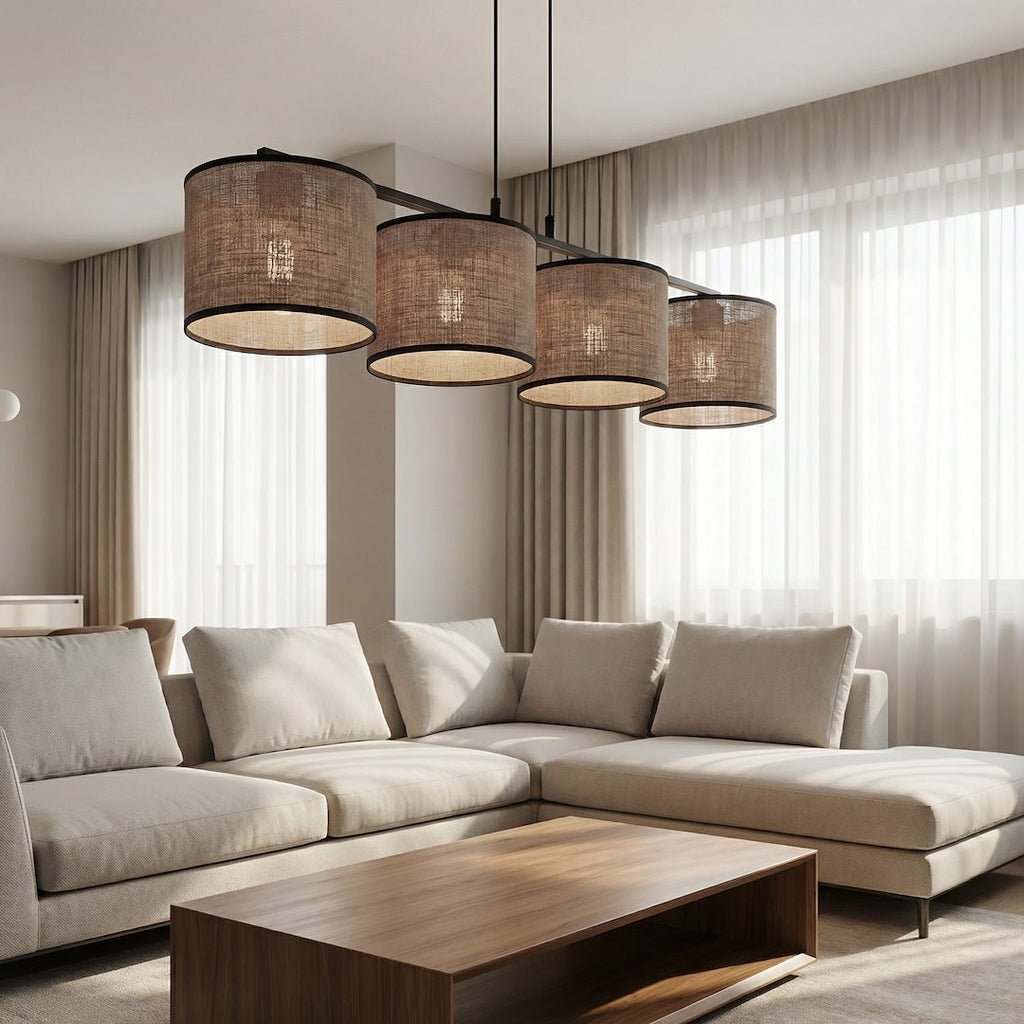 Hanglamp gepoedercoat staal stoffen kap minimalistisch Eco grijs zwart 96 cm, 4 fittingen E27, voor eettafel en keukeneiland