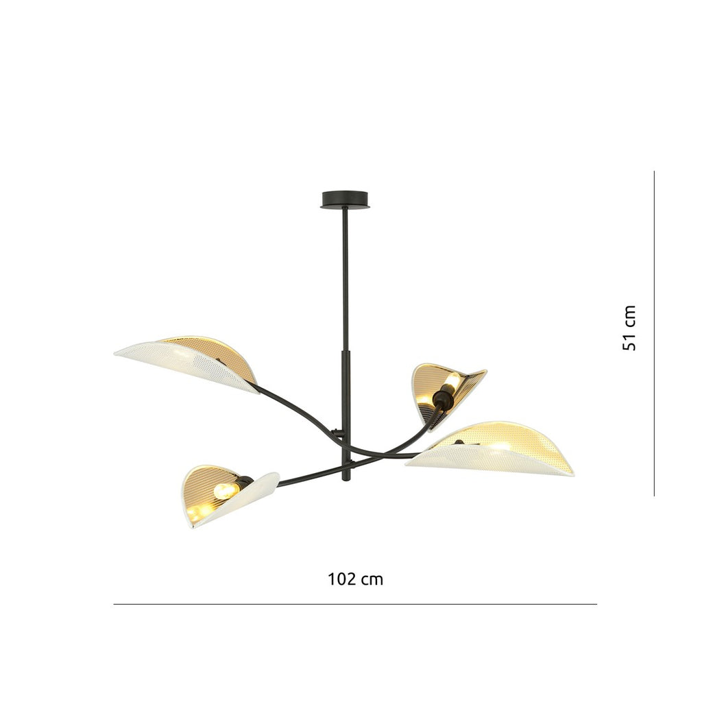 Plafondlamp Lotus gepoedercoat staal met stoffen kappen, zwart, wit en goud, 4 lichts, 102 x 51 cm, woonkamer