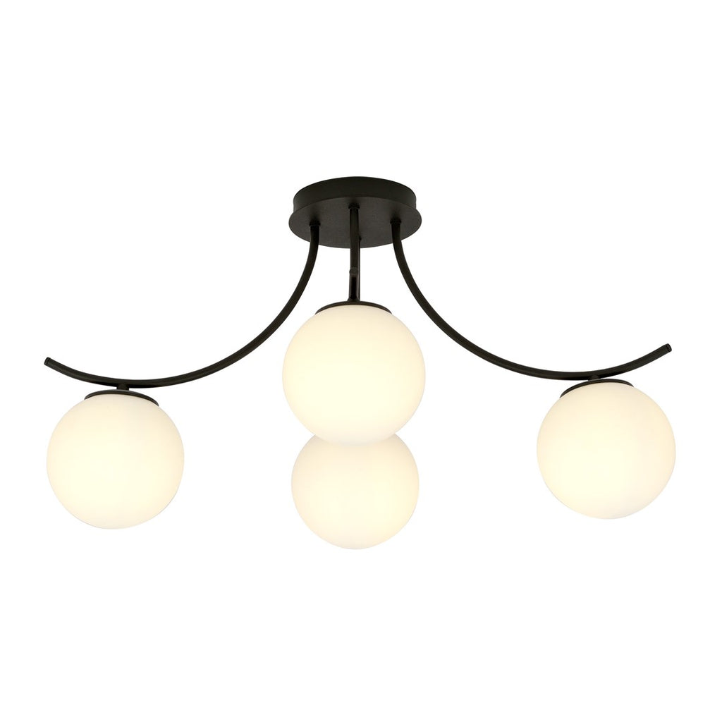 Plafondlamp gepoedercoat staal en glas Boston zwart, witte glazen kappen, 70 x 37 cm, 4 lichts E14