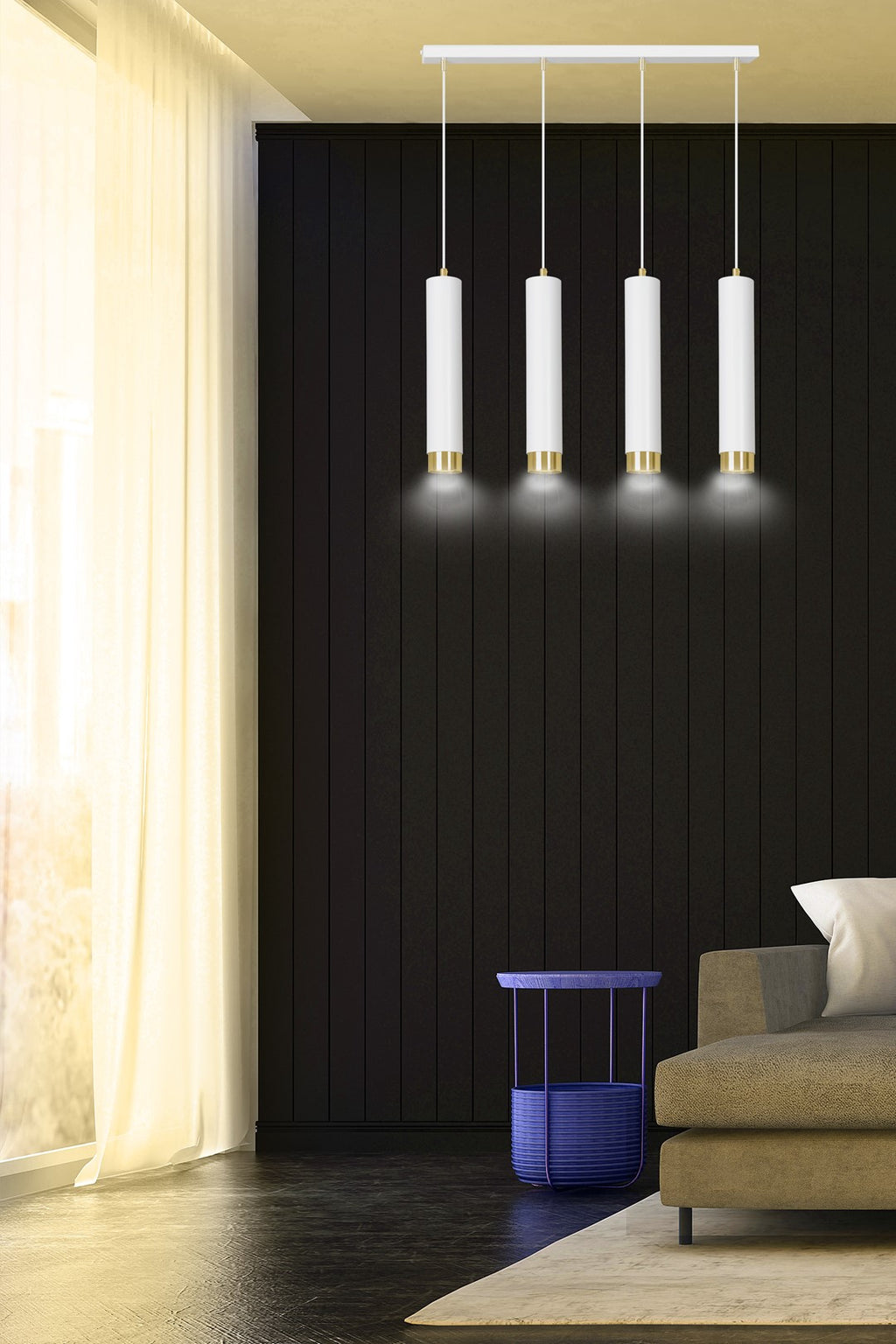 Hanglamp 4 lichts gepoedercoat staal Kibo modern wit met goud, 60 cm breed, voor woonkamer, keuken of werkplek