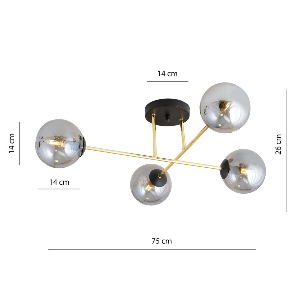 Plafondlamp staal en glas Magnum glamour zwart en goud 55 x 26 cm, 4 fittingen E14
