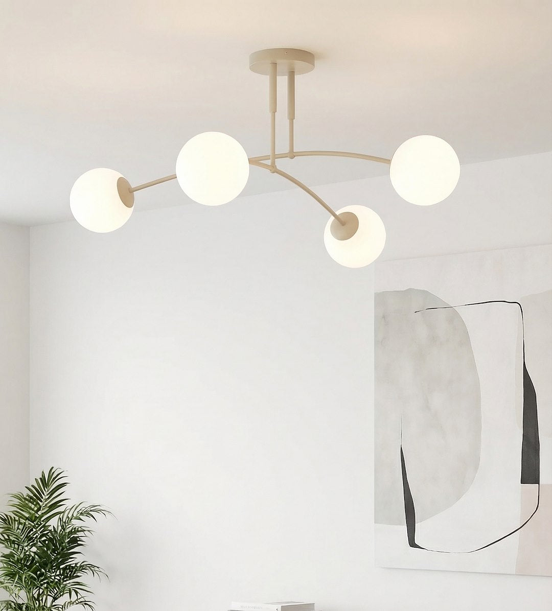 Plafondlamp staal en glas beige modern, 4 witte glazen bollen Ø 14 cm, 60 x 60 cm voor woonkamer