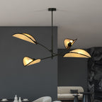 Plafondlamp Lotus gepoedercoat staal en rotan, boho, zwart met naturel kappen, 4 lichtpunten, 102 x 51 cm