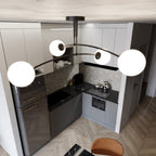 Plafondlamp gepoedercoat staal modern zwart met 4 witte glazen kappen, E14, 60 x 60 x 30 cm, eettafel of keukeneiland