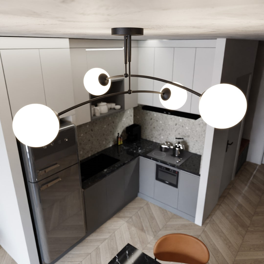 Plafondlamp gepoedercoat staal modern zwart met 4 witte glazen kappen, E14, 60 x 60 x 30 cm, eettafel of keukeneiland