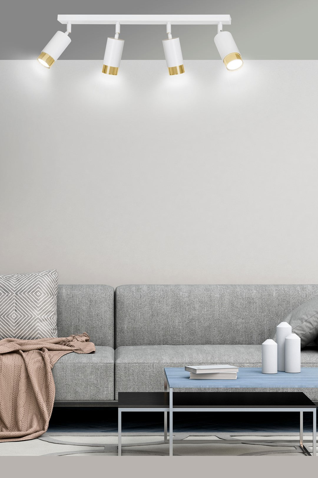 Plafondlamp spots gepoedercoat staal Hiro, wit en goud, 4 lichtpunten, 60 cm breed