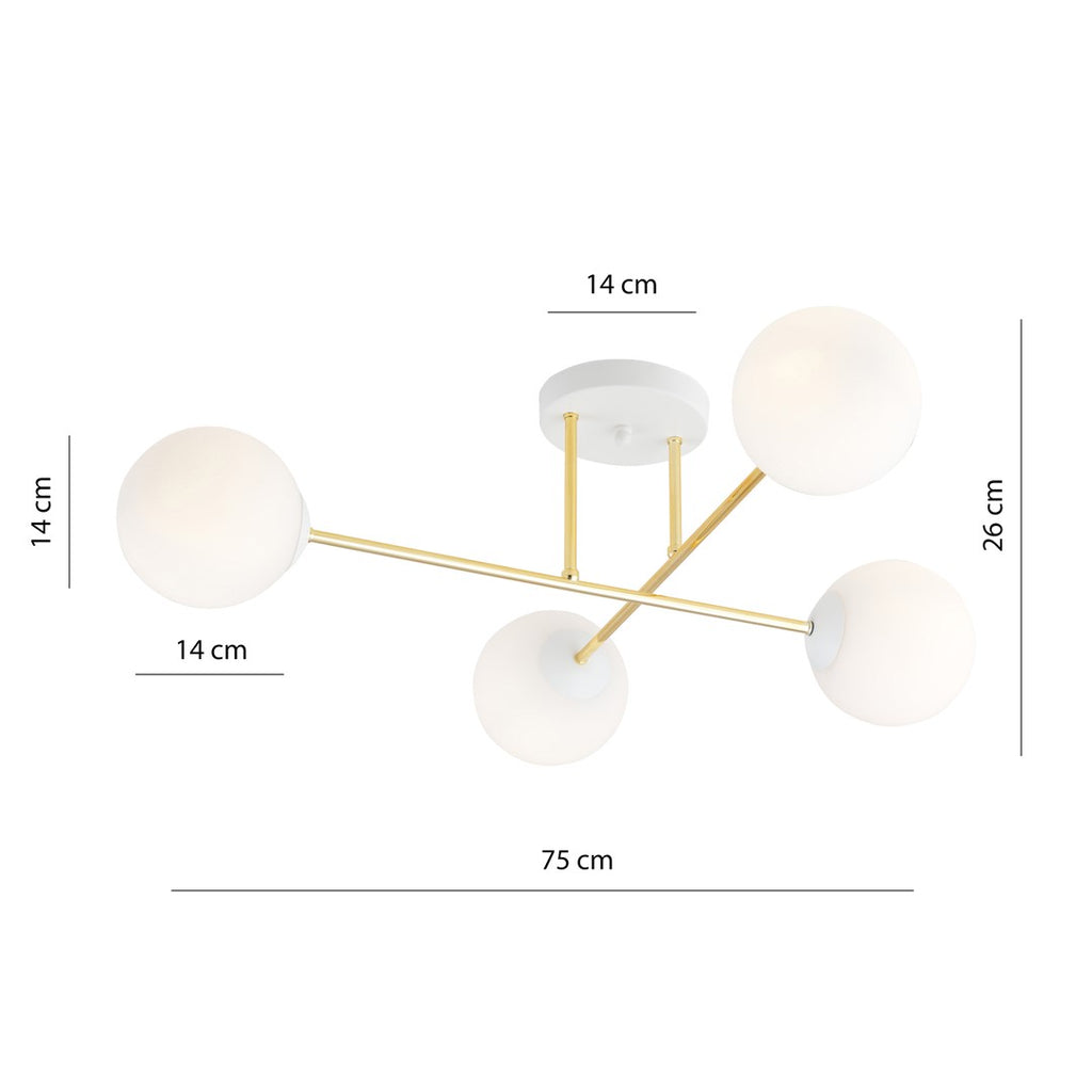 Plafondlamp gepoedercoat staal en glas Magnum, goud en wit, 4 lampen E14, 55 cm breed, woonkamer en eetkamer