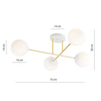 Plafondlamp gepoedercoat staal en glas Magnum, goud en wit, 4 lampen E14, 55 cm breed, woonkamer en eetkamer