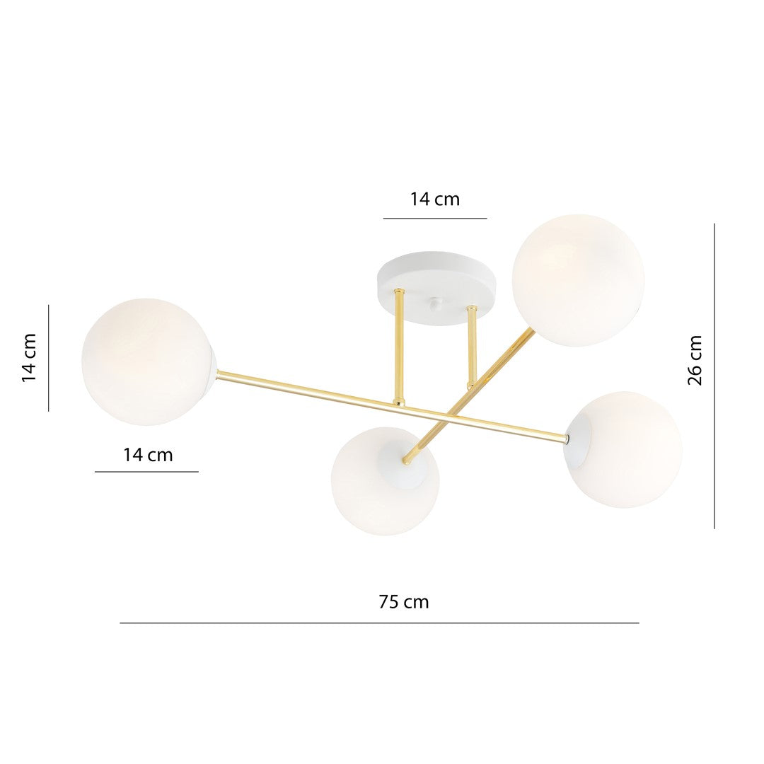 Plafondlamp gepoedercoat staal en glas Magnum, goud en wit, 4 lampen E14, 55 cm breed, woonkamer en eetkamer