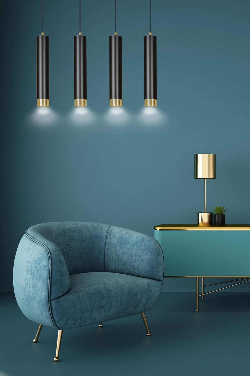 Hanglamp gepoedercoat staal Kibo, modern, zwart met goud, 4 lichts, 60 cm breed, voor woonkamer, keuken en thuiskantoor