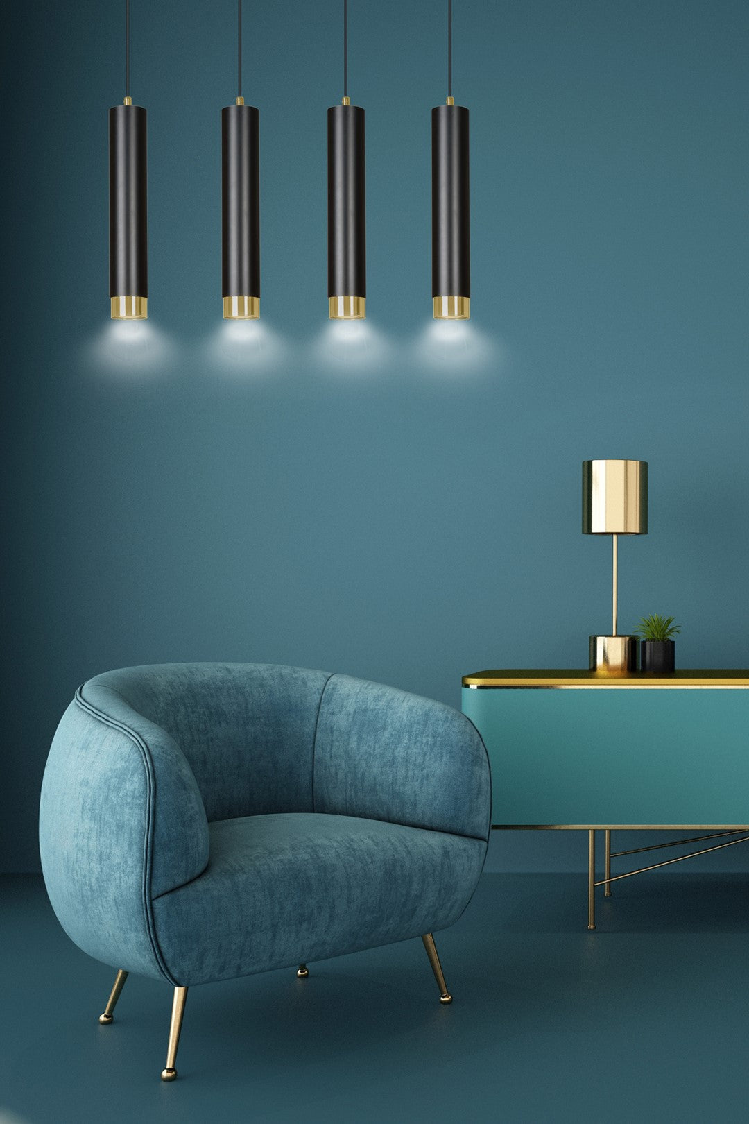 Hanglamp gepoedercoat staal Kibo, modern, zwart met goud, 4 lichts, 60 cm breed, voor woonkamer, keuken en thuiskantoor