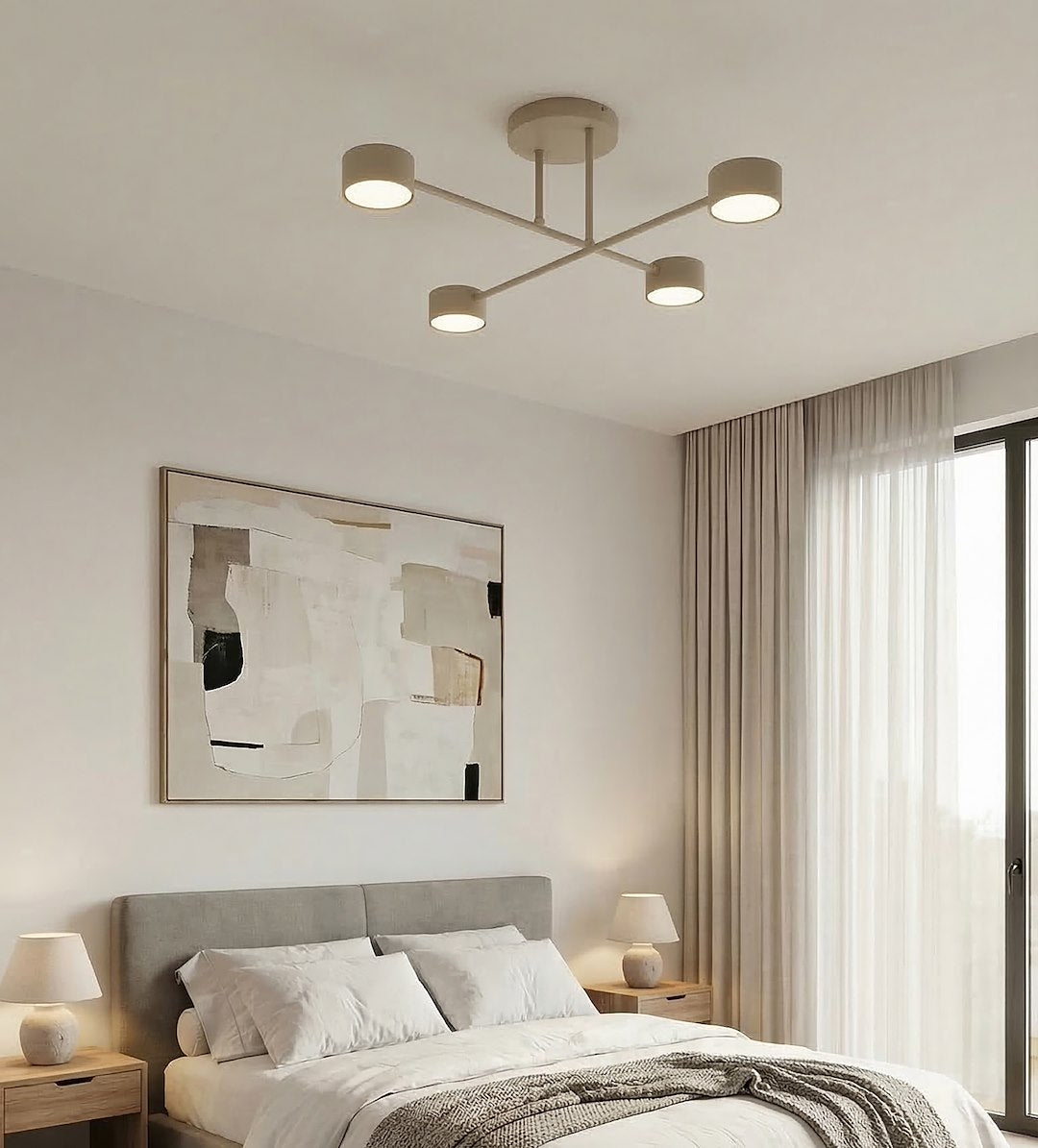 Plafondlamp gepoedercoat staal Halo modern beige 60 x 60 cm, 4 lichtpunten voor woonkamer, slaapkamer of eetruimte