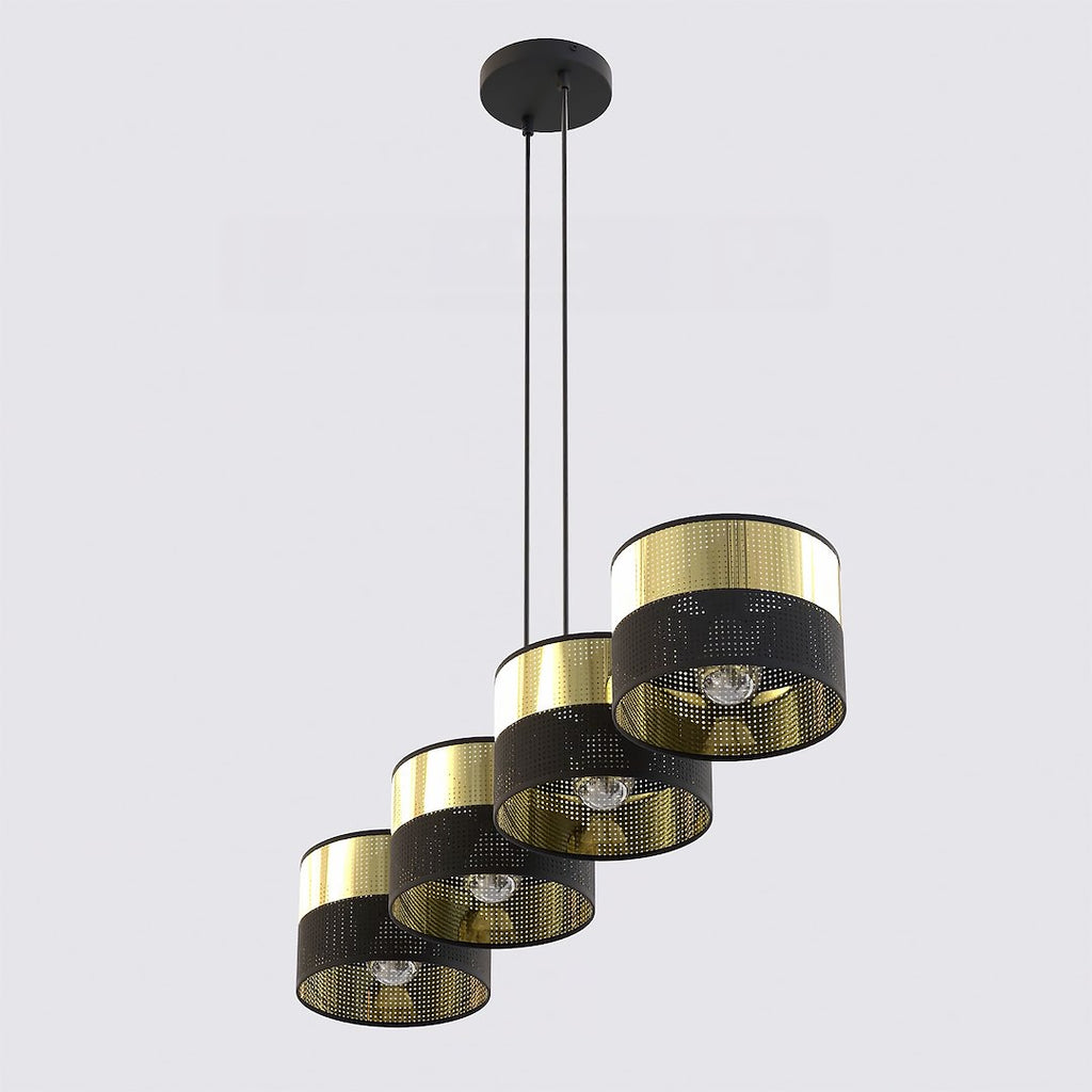 Hanglamp staal modern Lux zwart met goud, 4 lichtpunten, kap Ø 20 cm, breedte 96 cm, boven eettafel of keukeneiland